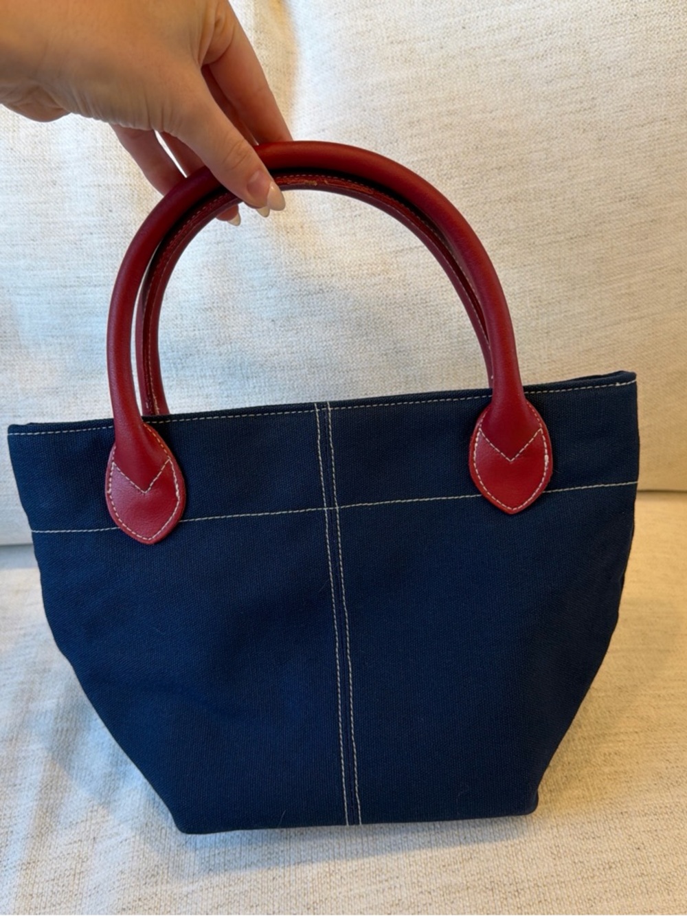 Vintage Lillian Vernon Navy Canvas Tote with Red Leather Handles
